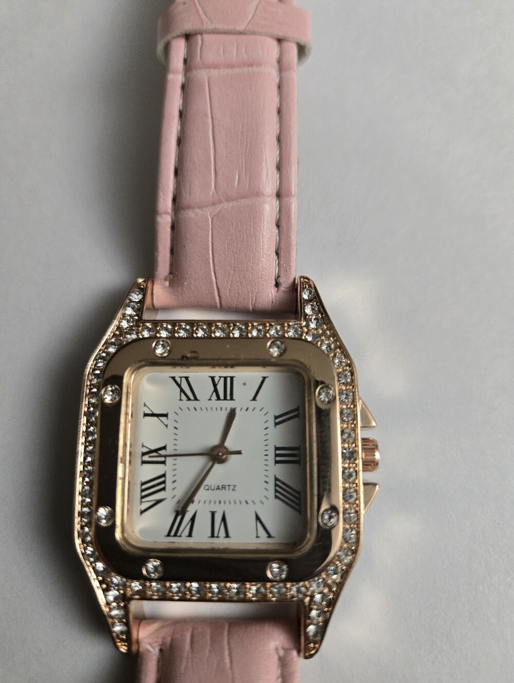 Women's Pink Leather Strap Watch with Crystal-Set Rose Gold Case